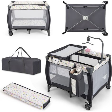 3 en 1 Lit Parapluie Bébé avec Matelas & Table à Langer Lit Bébé Evolutif avec Boîte à Musique & 3 Jouets Suspendus Charge 15kg pour 0-3 Ans (1/2)