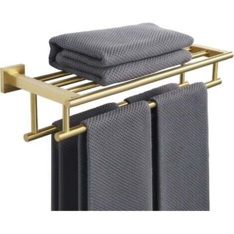 Doppelte, wandmontierte Handtuchstange für Bad und Küche, Handtuchhalter mit Edelstahlablage, 50 cm lang, Gold (1/4)