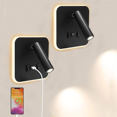 2Pcs Applique Murale Interieur, Liseuse de chevet LED, Lampe de Lecture col de cygne flexible avec Port de Charge USB et Interrupteur, 360°Réglable Lampe de Lit Spot pour chambre escaliers (1/5)