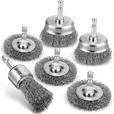Lot de 6 brosses métalliques professionnelles en acier au carbone pour perceuse, brosses coupelles pour le nettoyage de la rouille, accessoires de perceuse avec tige hexagonale de 6,35 mm. (1/5)