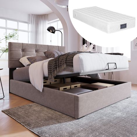 Lit simple hydraulique rembourré 90x200cm, tête de lit réglable, sommier à lattes en métal, velours, cadre de lit moderne avec espace de rangement, gris clair (matelas inclus)