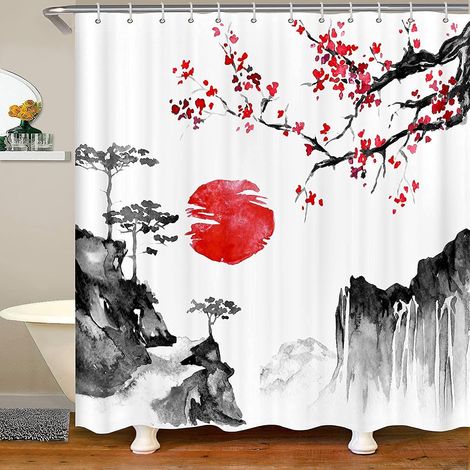 Rideau de douche 180 x 200 cm Motif fleurs de cerisier rouge Rideau de douche textile pour enfants garçons filles Encre style exotique (1/5)