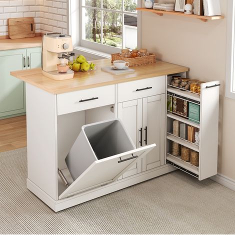 REDOM - Isla de cocina 120x70x93 cm - encimera abatible - compartimento para residuos - 2 cajones - especiero - MDF - blanco (1/5)