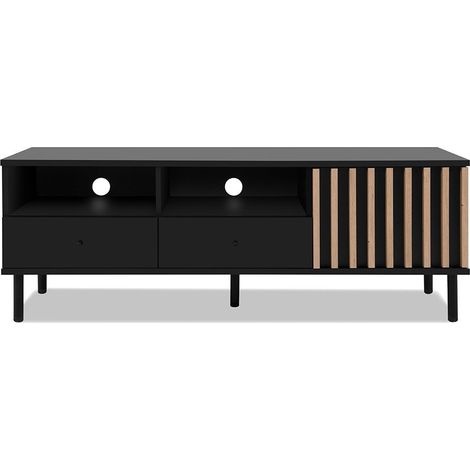 CALICOSY - Meuble TV 1 Porte et 2 Tiroirs Noir et Bois L138 cm - MONZA (1/5)