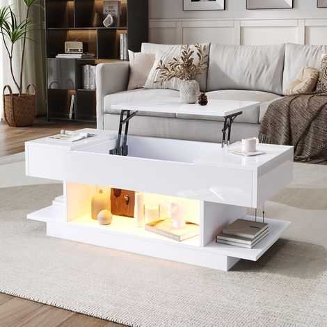 DESMIU Table basse relevable avec 3 rangements fermés et 4 niches ouvertes LED pour salon (1/5)
