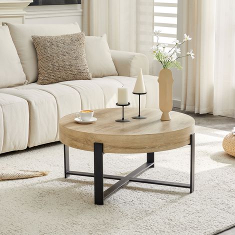 Table basse ronde Ø68 cm effet bois MDF avec pieds métal noir, table d’appoint canapé, style moderne (1/5)