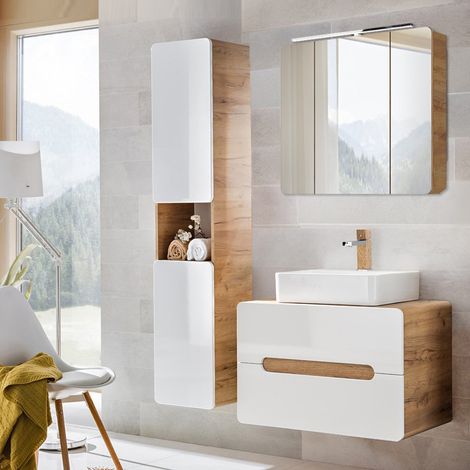 Badezimmer Set mit LED-Spiegelschrank LUTON-56 Hochglanz weiß mit Wotan Eiche Nb., B/H/T CA: 130/200/46 cm (1/5)