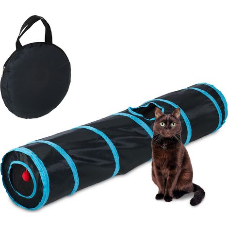 Tunnel pour Chat, Pliable, HxD : env. 115 x 24 cm, Jouet interactif, Furet, Lapin, 3 Sorties, Nylon, Noir/Bleu (1/5)