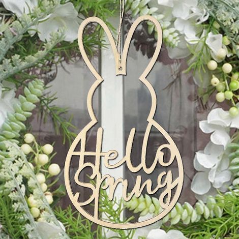 5x Couronne en bois « Bonjour Printemps » avec guirlande de lapins de Pâques - Décoration pour mariage et fête (1/4)