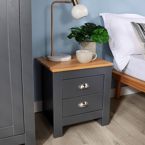 Bedside 2 Drawer Bedroom Furniture Graphite Oak Top Metal Handle Wood Nightstand (1/5)