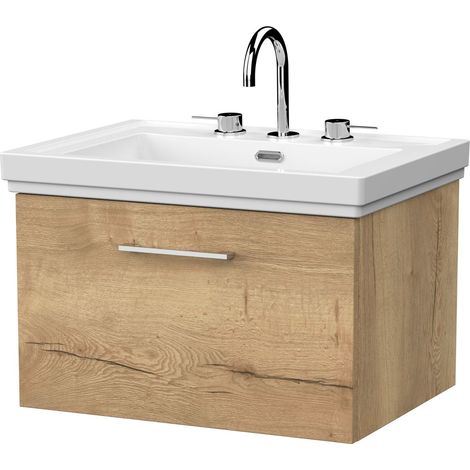 Pershall Contemporary Wall Hung 1 Drawer Vanity Unit with Traditional 3 Tap Hole Fireclay Basin, 600mm, Autumn Oak