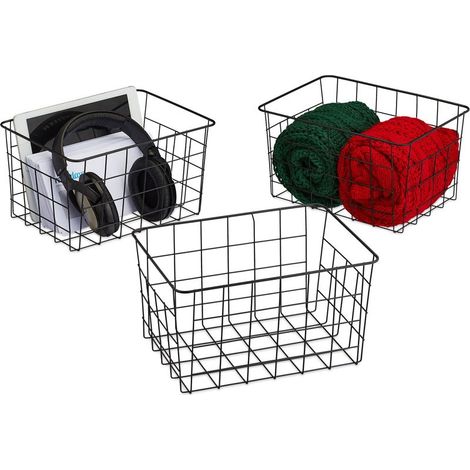 Lot de 3 paniers métalliques rectangulaires pour rangement – Dimensions H 15,5 x L 28 x P 20 cm – Design grillagé pour déco – Noir (1/5)