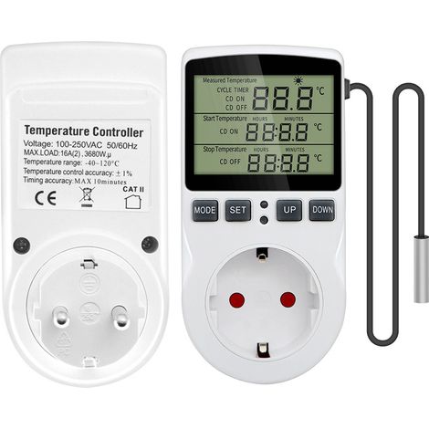 Digitaler Thermostat Steckdosen-Temperaturregler 230V 16A, Heizen und Kühlen Reptilien-Thermostat-Timer EU-Stecker, für Gewächshäuser, Aquarien, Glasbehälter, Reptilien