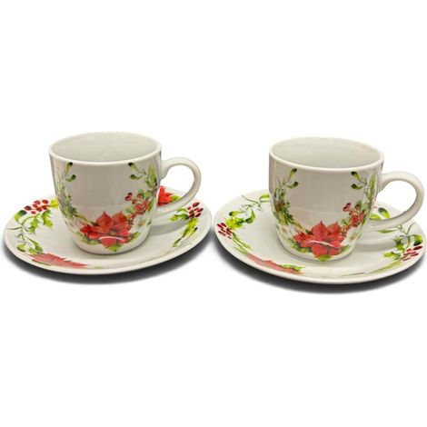 Set 2 Tazzine Caffe Natalizie Ceramica 2 Pezzi Piattini Abbinati Stella di Natale Ceramica Bianca e Decoro Rosso Servizio Espresso Natale Idea Regalo Natalizie con Scatola Fiocco Tavola Feste (1/5)