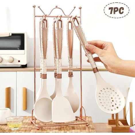Ensemble d’ustensiles de cuisine en silicone pour poêles antiadhésives, spatule + louche + écumoire + passoire, motif pierre blanc et doré, modèle CR-BX01 (1/5)