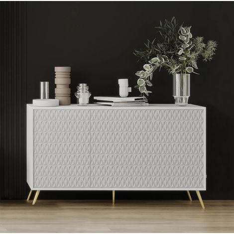 AX LIVING Weiße Kommode Delvine 154 cm – strukturiert & mit goldenen Füßen