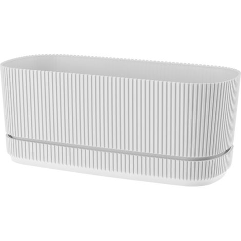 Pot de fleurs en plastique avec soucoupe, couvercle ovale, 29 x 13 cm, blanc mat, motif rayé