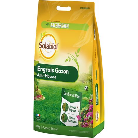 Engrais gazon 14 Kg – Double action : reverdit et élimine la mousse – Formulation granulés, limite poussière – Pour 350m² – Les Doigts Verts (1/5)