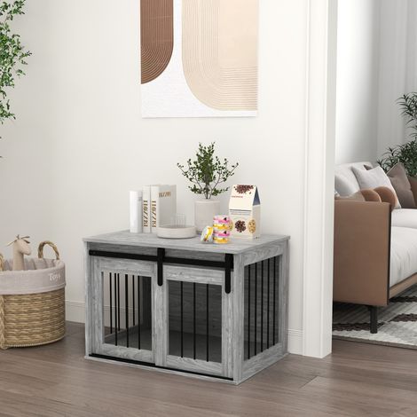 Cage caisse pour chien animaux intérieur porte coulissante, métal effet bois, dim. 57H x 80L x 54l cm (1/5)