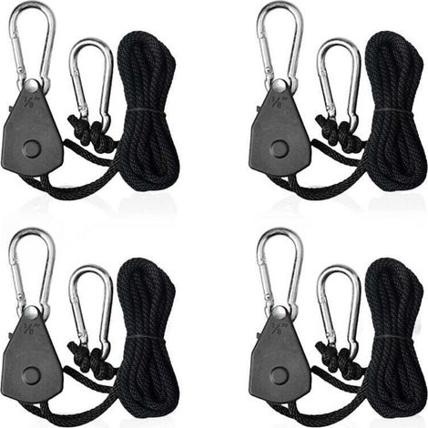 Cordes à cliquet réglables 1/8 – Lot de 4 – Charge max 34kg – Corde polypropylène tressé 2,4m – Crochets en acier inoxydable-Crezuo (1/5)