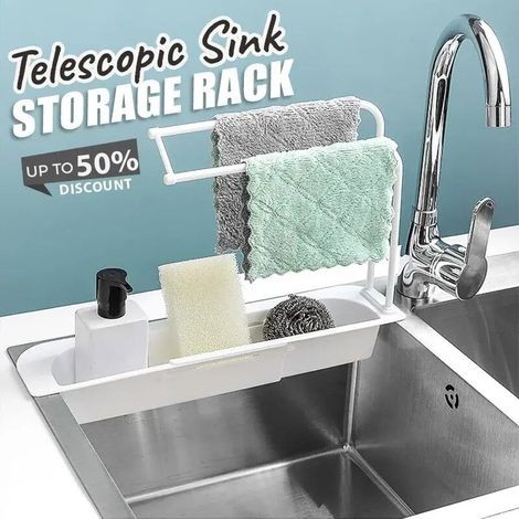 Adjustable sink drainer, telescopic dish towel and sponge holder for kitchen (1/5)