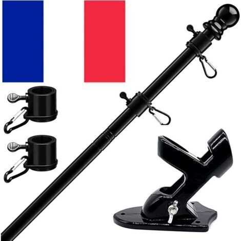 Kit de Mât de Drapeau en Aluminium Noir 150 cm, avec Support Mât de Drapeau en Acier Inoxydable à Fixe au Mur avec Anneaux Rotatifs/Sans Drapeau France (1/5)