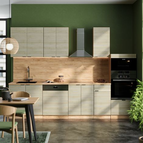Küchenzeile Fame-Line, Eiche Paneel/Goldkraft Eiche, 300 cm mit Hochschrank, AP Marmor, Vicco