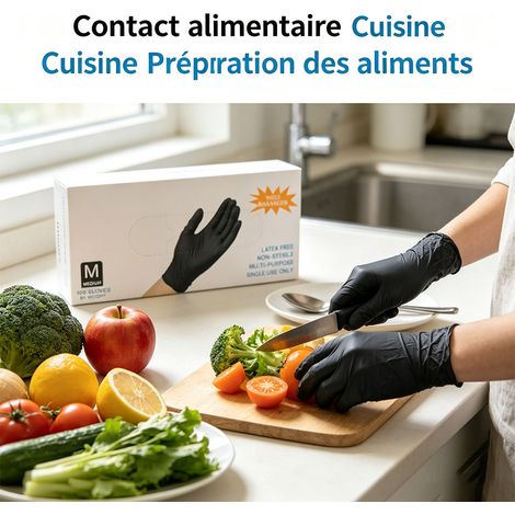 Gants jetables en nitrile noir taille M, qualité alimentaire, gants de protection pour cuisine, ménage, jardinage et laboratoire (1/5)