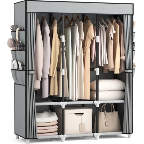 Armoire en Tissu, Wardrobe Armoire Chambre avec 3 tiges de Suspension, 6 étagères de Rangement et Poches latérales, Tube métal de 19 mm, Dressing Garde Robe Adulte pour Chambre à Coucher Gris