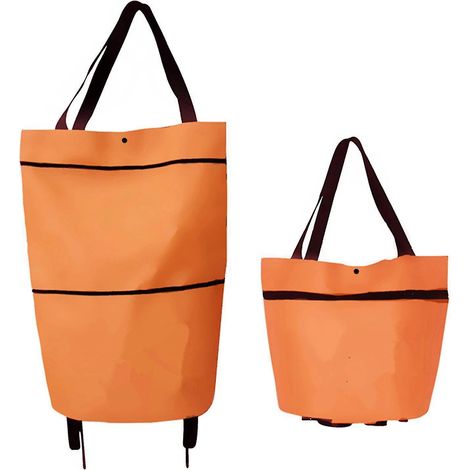 Chariot de courses pliable 2 en 1, sac de courses pliable à deux niveaux avec fermeture éclair et roulettes, orange (1/4)