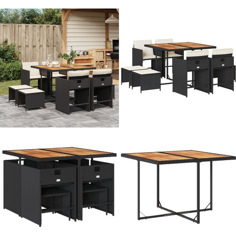 9-tlg. Garten-Essgruppe mit Kissen Schwarz Poly Rattan - Gartenmöbel Set - Gartentisch - Gartenstühle - Gartenhocker - Rattan Möbel - Home & Living