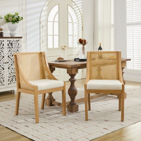 Chaise de salle à manger rotin et bois massif - 60.5 x 55.5 x 95 cm - Fauteuil de table avec accoudoirs et assise en lin - Style campagnard rétro chic - Beige naturel (1/5)