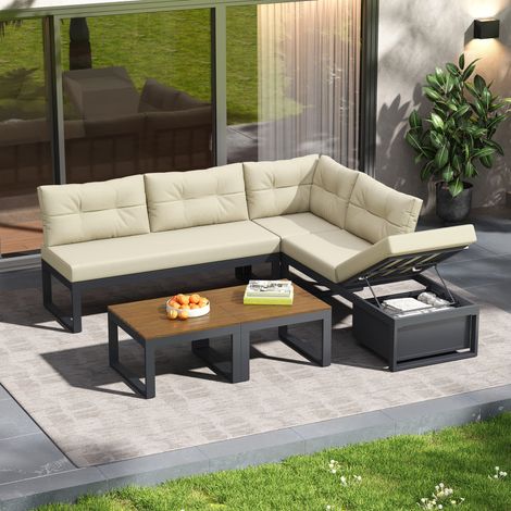 Divano modulare 191,5 x 191,5 x 79 cm in metallo e poliestere beige con contenitore FloraGrace (1/5)