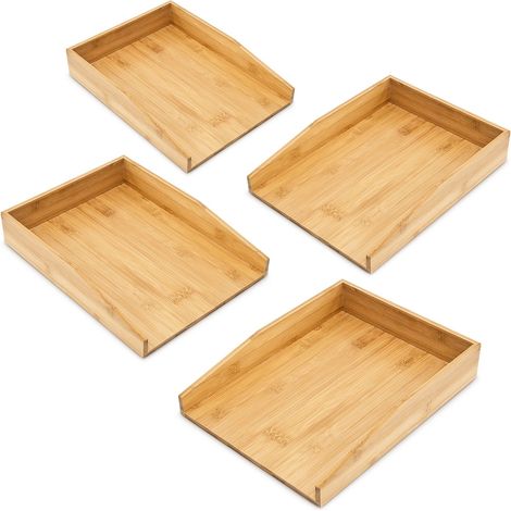 4 x Briefablage Bambus, Schreibtischablage für A4 Papier, Dokumente, stapelbar, HxBxT: 6 x 25 x 34 cm, natur