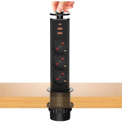 Einbau-Steckdosenleiste mit einziehbarem Steckdosenblock, elektrisch, 3 Steckdosen mit USB C und 2 USB, Tisch-Arbeitsplattensteckdose, 4000 W/16 A, Ø 60 mm Kabel 1,8 m – für Küche, Büro, Schwarz (1/5)