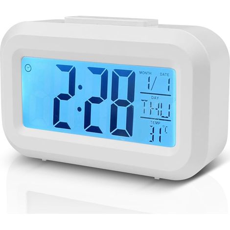 (Blance)Horloge Numérique, Reveil Numerique, Alarm Réveil LED avec Fonction Snooze, Réveil Horloge Digitale sans Tic Tac avec Affichage Date, Température, Horloge de Bureau à Piles