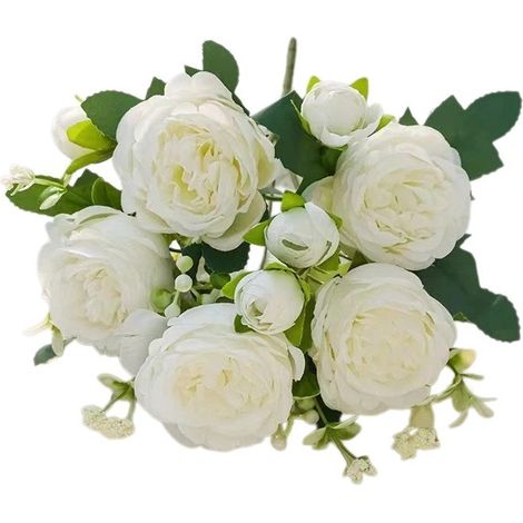 Fleurs artificielles en soie blanche, 5 grandes têtes et 4 boutons, décoration intérieure durable. (1/5)