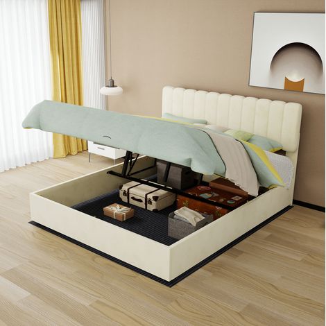 Lit rembourré moderne 160x200 cm, beige, structure tissu et métal, style minimaliste, montage facile (1/5)