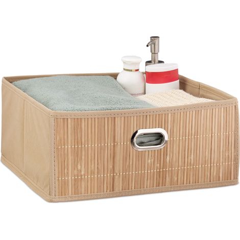 Relaxdays Set of 5 Bamboo Storage Baskets, Bathroom Organiser, Square, Low Box, HxWxD 14 x 31 x 31 cm, Folding, Natural