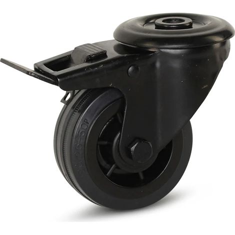 Roulette pivotante freinée - MESO - Caoutchouc noir - Trou central - 80mm - 60kg (1/2)