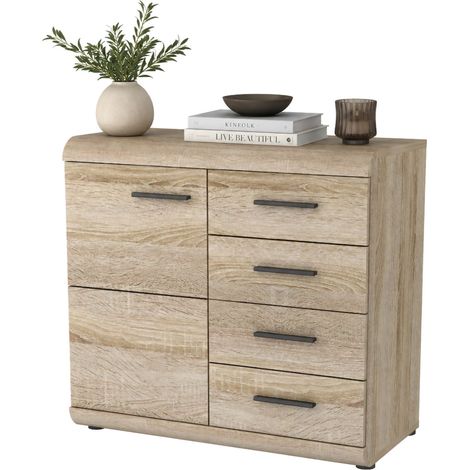 Credenza Hamo, Madia 4 Cassetti, 2 Ripiani, Apertura Battente, Scorrevole, 80x42x87h cm Marrone Rovere