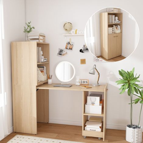 Ausziehbarer Schreibtisch mit Aufbewahrungsschrank, verstellbaren Regalen, Natur-Eiche OKMYHOME (1/5)