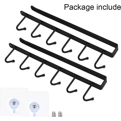 (26cmx6.5cm)Lot de 2 Tasse Rangement Crochets,Tasses à Crochets sous Armoir, Ustensiles de Cuisine Cravates Ceintures et écharpe Accrocher PorteRack Crochet sous Placard Cabinet (Noir) (1/5)