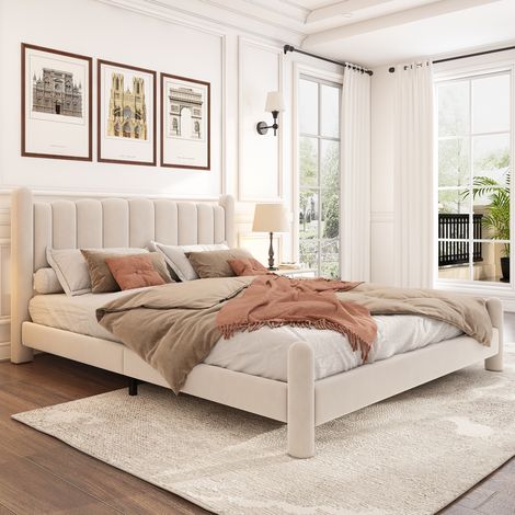 lit adulte double 160x200 sommier velours beige OKMYHOME (1/5)