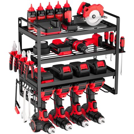 Organiseur mural pour outils électriques, support de rangement à 4 niveaux avec 4 emplacements, porte-outils avec support de tournevis, étagère à outils pour garage, établi et atelier, noir (1/5)