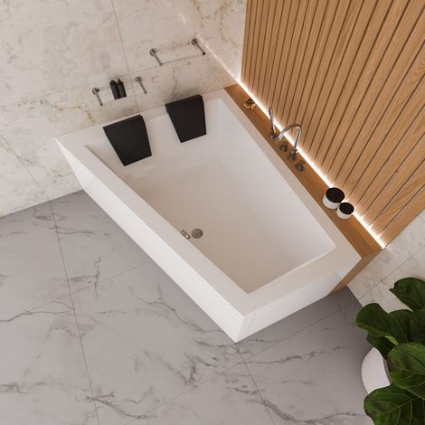 ECOLAM Badewanne Eckbadewanne Sfera Maxi 180x130 cm LINKS + Schürze 2x schwarze Kissen Duowanne große Wanne für zwei Personen Acrylwanne Komplettset Ablaufgarnitur Füße Silikon