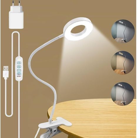 Lampe de Bureau, 3 Modes d’Éclairage &10 Niveaux Dimmable, Lampe de Lecture à Pince pour Lire et Travailler, Avec Chargeur USB,Bras d'éclairage Rotatif à 360 Degrés (1/5)