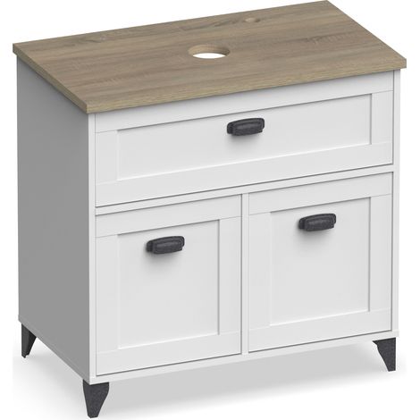 Meuble de salle de bain sous-vasque coloris Blanc/chêne cambrien (lavabo non inclus) - Longueur 82 x Profondeur 47 x Hauteur 82 cm (1/5)