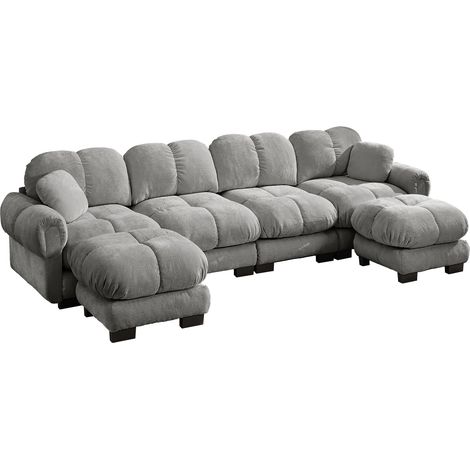 U-Form Panoramasofa 4-Sitzer, Modular mit 2 Beweglichen Hockern, Ergonomischer Rueckenlehne, Steppnaht, Chenille Hellgrau (1/5)