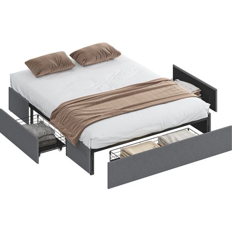 Struttura Letto Matrimoniale a Doghe con 3 Cassetti, in Legno, Poliestere e Metallo, 165x193x30 cm, Grigio